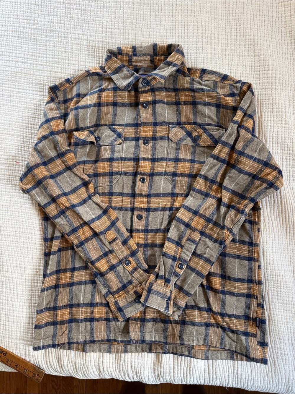 Patagonia Men's Plaid Button-Down Shirt in Tan, Blue and Cream